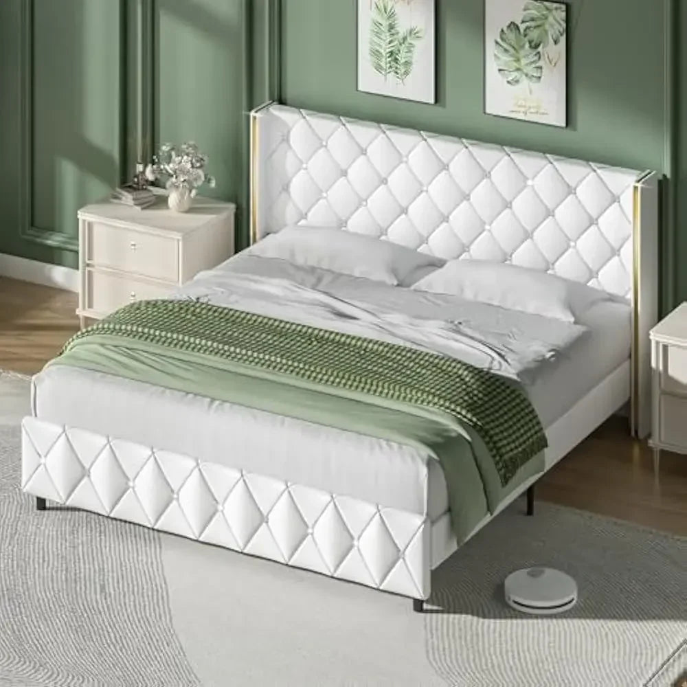 King Size Bed Frame with Wingback, Upholstered Beds Frames with Diamond Tufted Headboard and Footboard, No Box Spring Needed