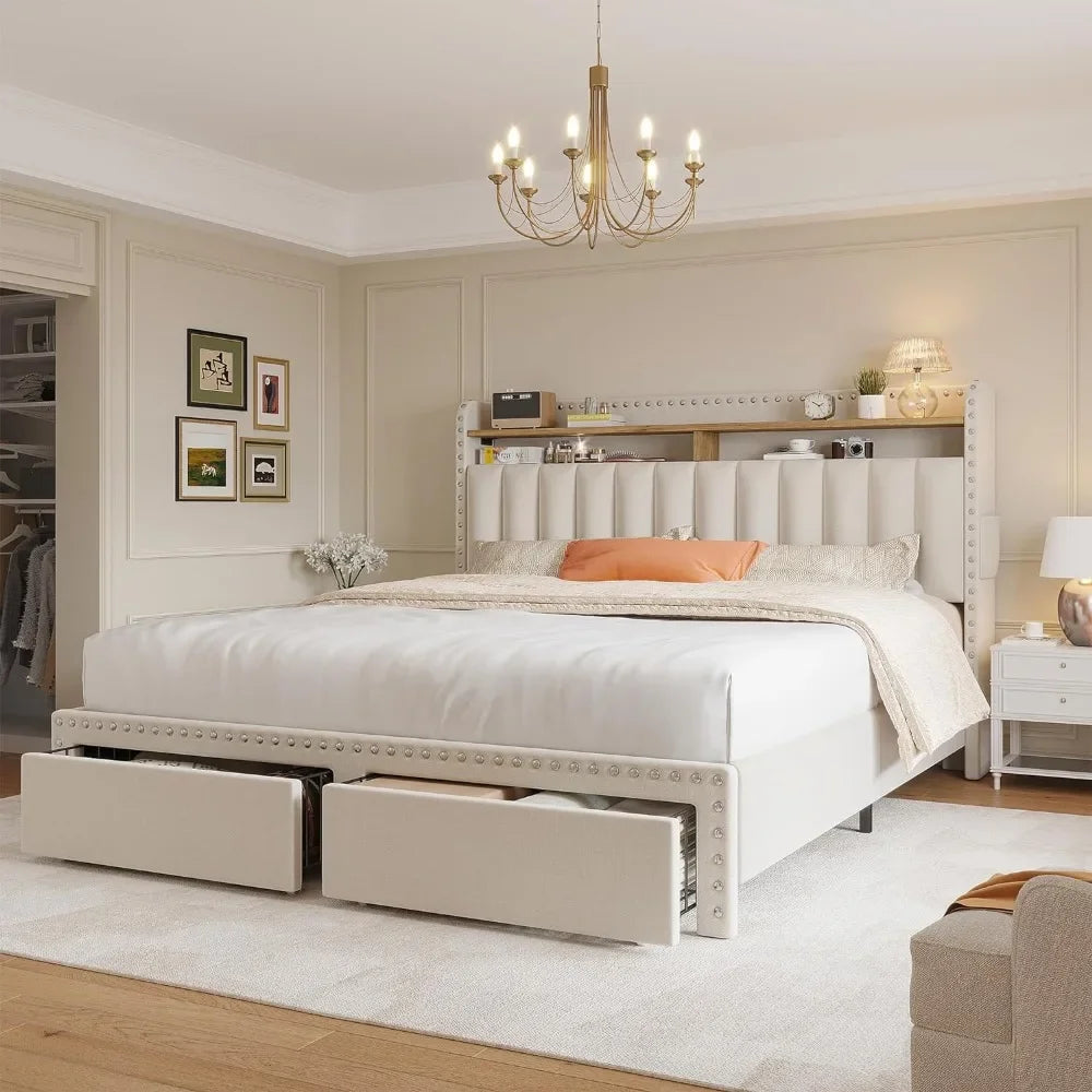 Queen Bed Frame with Headboard and Storage, Upholstered Queen Bed Frame with Storage, Queen Size Bed Frame with 2 Drawer