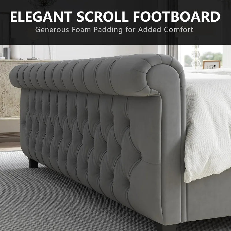 AMERLIFE King Size Platform Bed Frame, Chenille Upholstered Sleigh Bed with Scroll Wingback Headboard & Footboard/Button Tufted