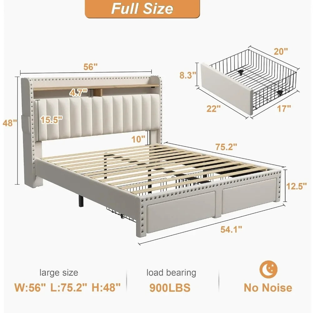 Queen Bed Frame with Headboard and Storage, Upholstered Queen Bed Frame with Storage, Queen Size Bed Frame with 2 Drawer