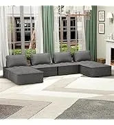 Modular Sectional Sofa with Chaise, Convertible Oversize L Shaped Couch with Reversible Ottoman,Linen 6 Seater Free Combination