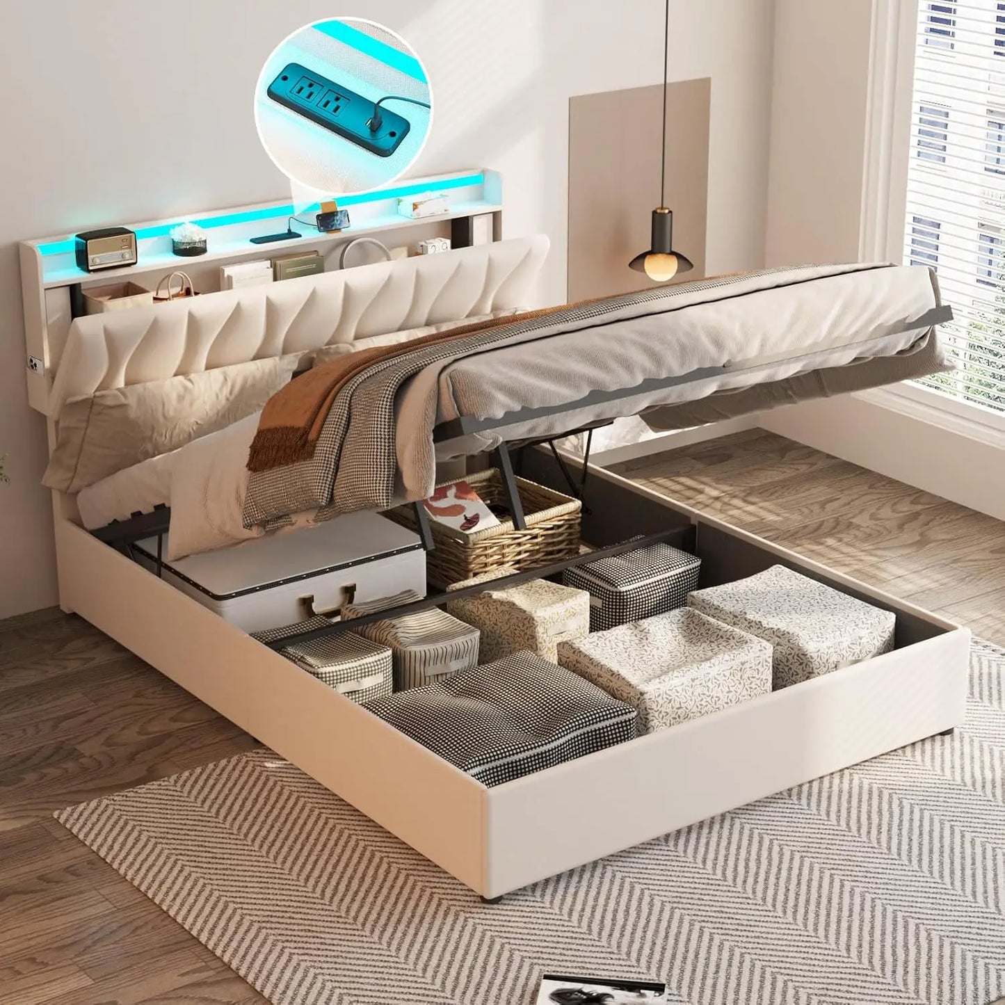 bedstead King Size Lift Up Storage, Height Adjustable Storage Headboard with Charging Station, LED Lights Platform Bed, bedstead