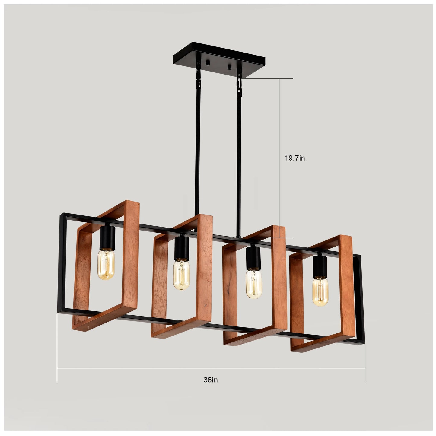 4-Light Kitchen Island Lights Pendant Light Farmhouse Dining Room Light Fixture, Rustic Wood and Black Metal Rectangular Chandel