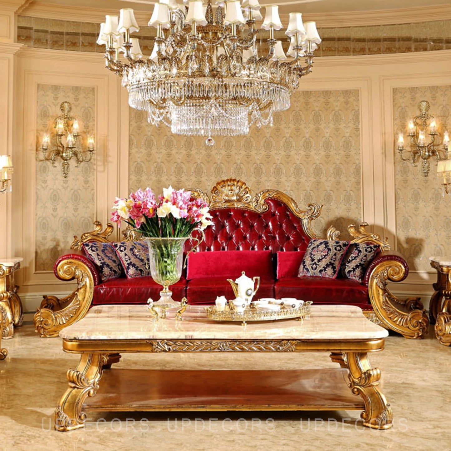 French royal family 7 seater living room furniture set royal antique gold solid wood hand carved sofa set