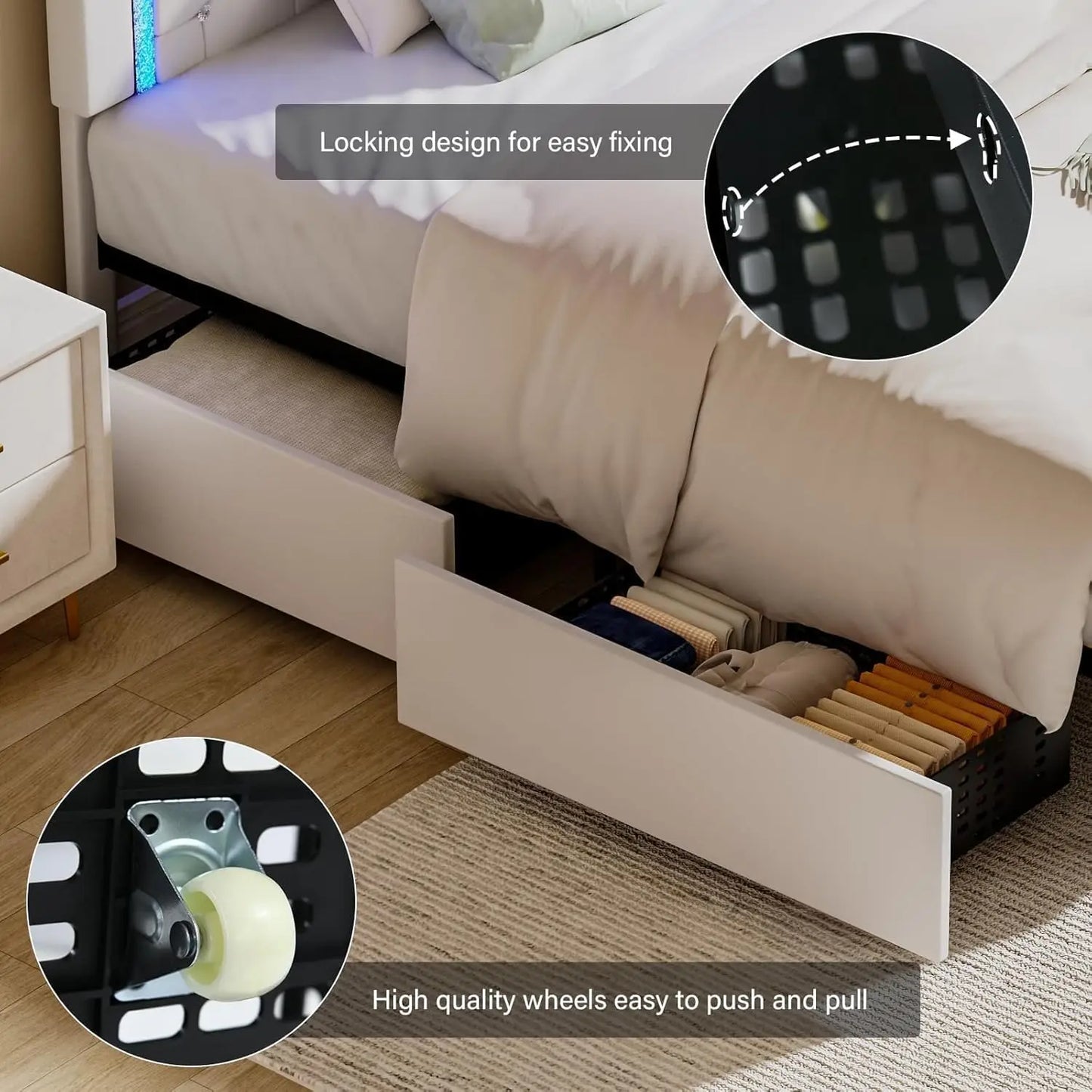 Queen Bed Frame with LED Lights, Upholstered Bed Frame with 4 Storage Drawers, Princess Platform Bed with Diamond Headboard