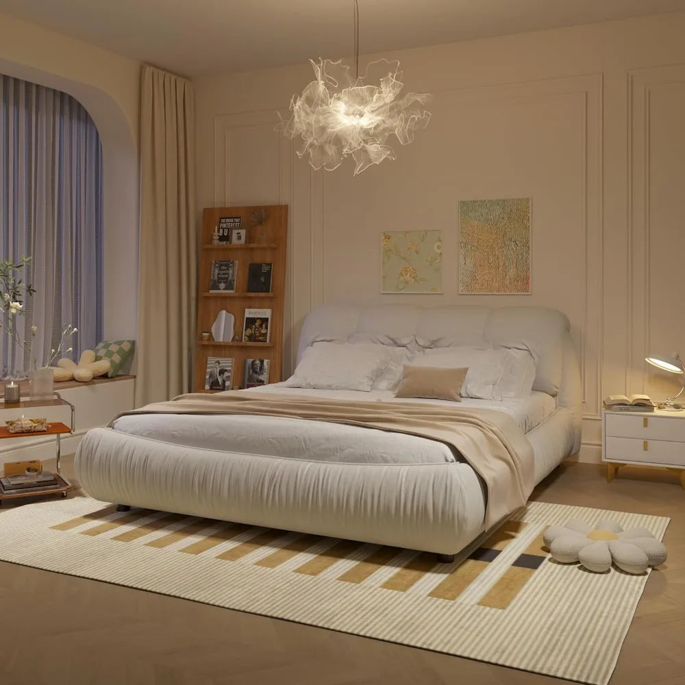 Deluxe king-size upholstered platform bed with upholstered backrest, soft-framed cloud bed, thickened pine slats, metal legs