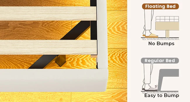 Bed Frame, with Storage Headboard and Power Outlet, Floating Platform Bed with LED Lights, Wood Slats Support, Bedroom Bed