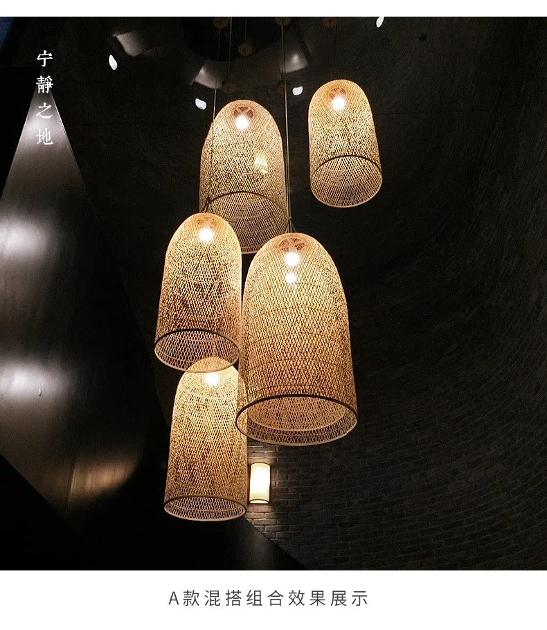 Zen Bamboo Chandelier New Chinese Lantern Hotel Chinese Style Restaurant Restaurant Bamboo Artwork Duplex Staircase Long Chandel