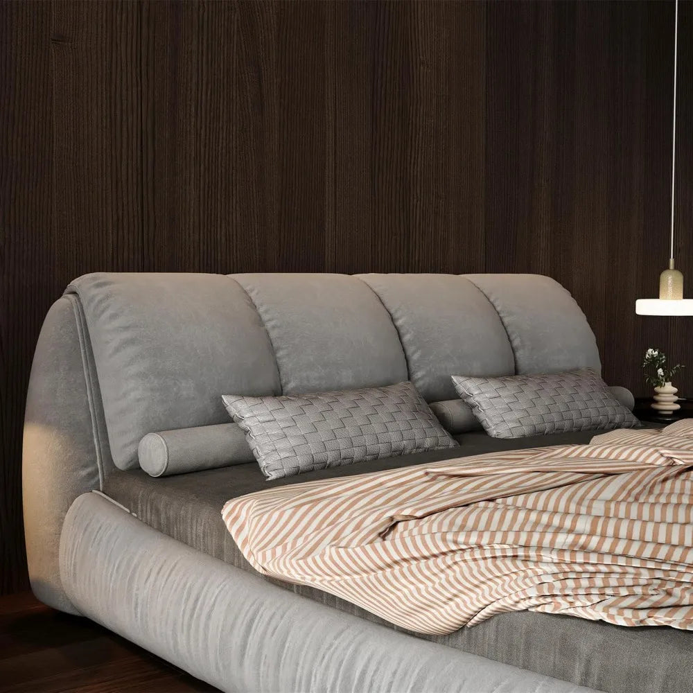 Deluxe king-size upholstered platform bed with upholstered backrest, soft-framed cloud bed, thickened pine slats, metal legs