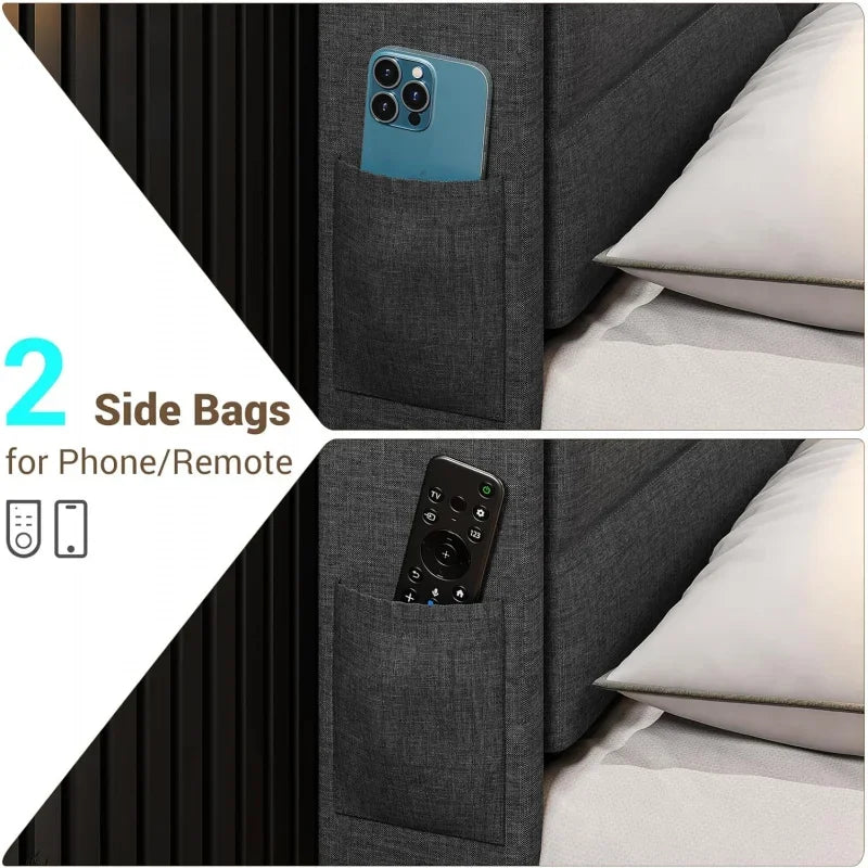 Queen Floating Frame RGB LED Lights ,USB-C/A Power Combo,Linen Upholstered Platform Bed with Storage Headboard