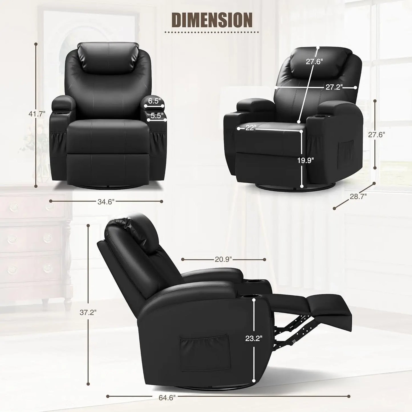 Recliner Chair, Rocking Massage Chairs, Home Reclining Sofa Chair, PU Leather, Ergonomic Living Room Chair with Cup Holders