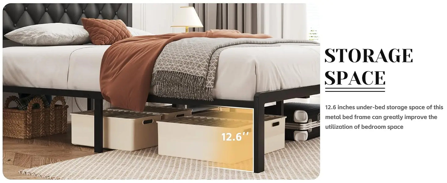 Queen Bed Frame with Headboard PU Leather Upholstered Bed Frame Platform,All Metal Slats Support Platform Bed Frame