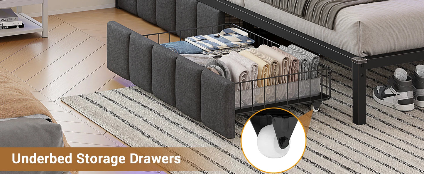 Modern Corner Bed Frame with LED Lights and Charging Station, Double Bed with Storage Space