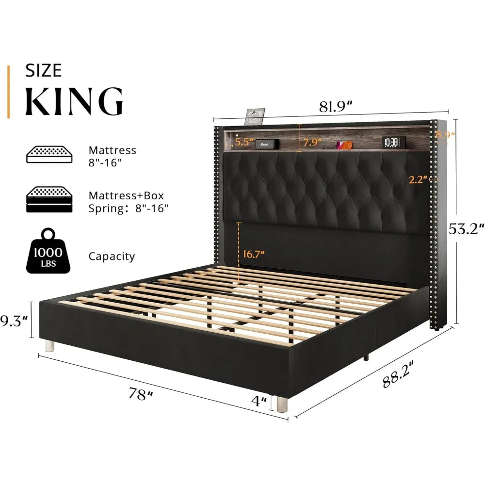 King Bed Frame with Headboard LED Lights and Charging Station, Velvet Tall Upholstered Platform Bed Storage No Box Spring Needed