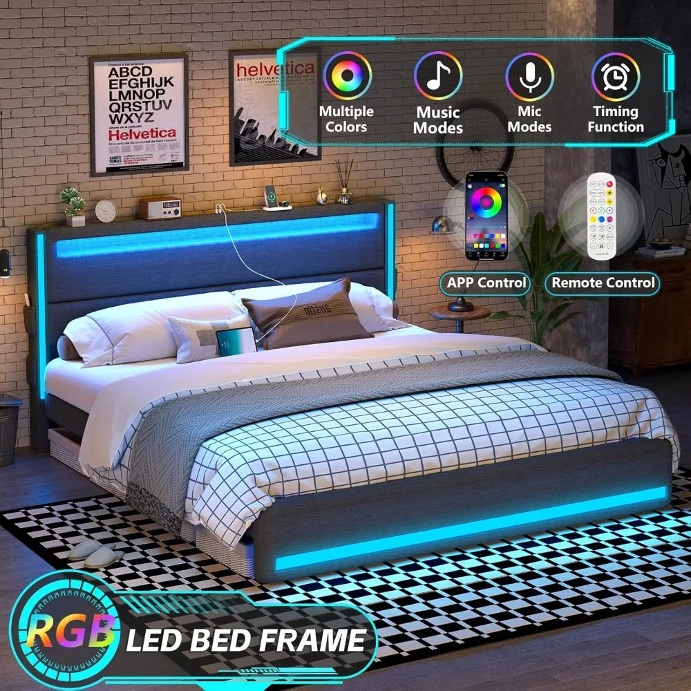 King Bed Frame with Headboard and LED Lights, Upholstered Platform Bed with USB Charging Station, Metal Support and Footboard.