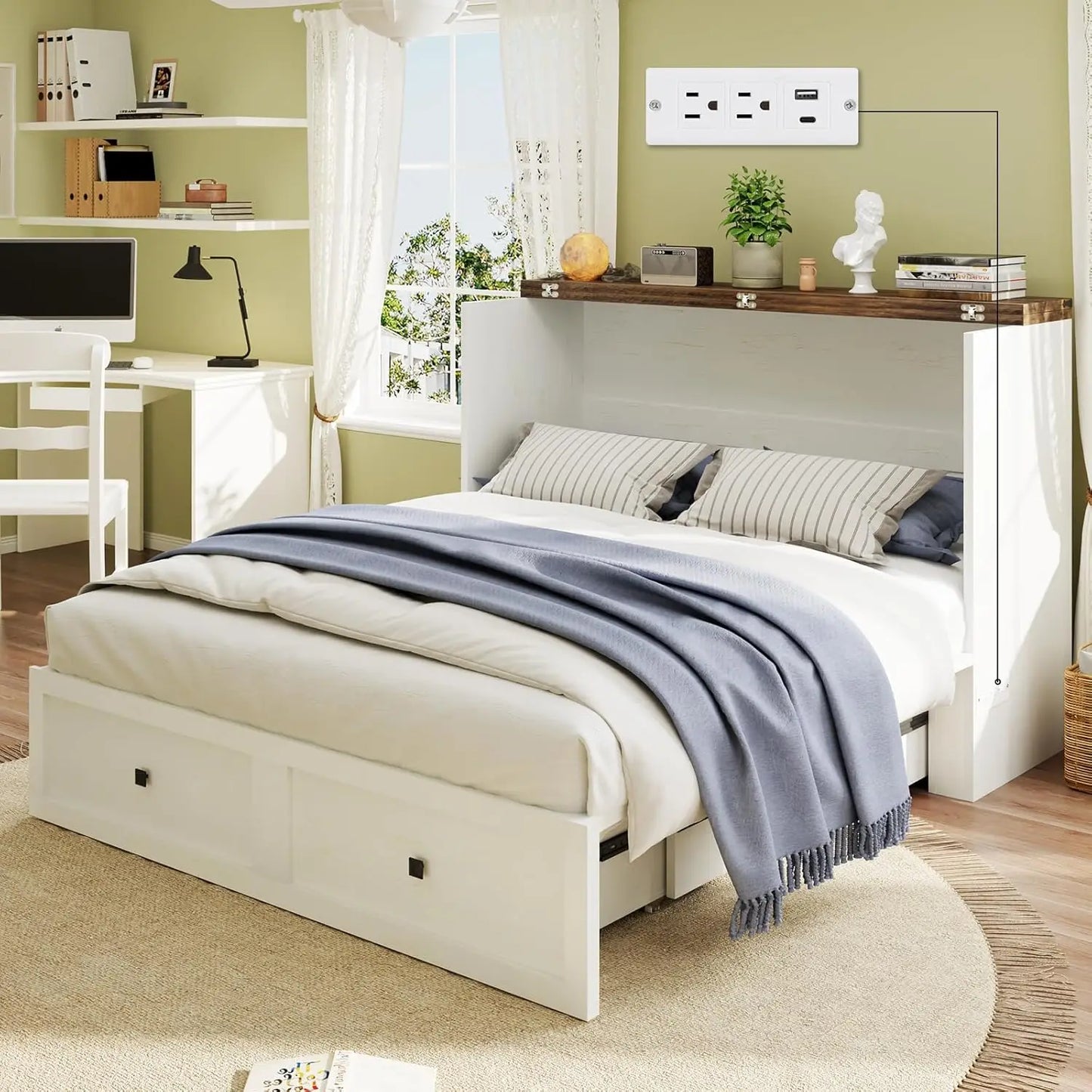 Full Size Murphy Bed, Cabinet Bed with Charging Station Large Storage Drawer for Home Office or Small Room, Hideaway Bed Full Fo