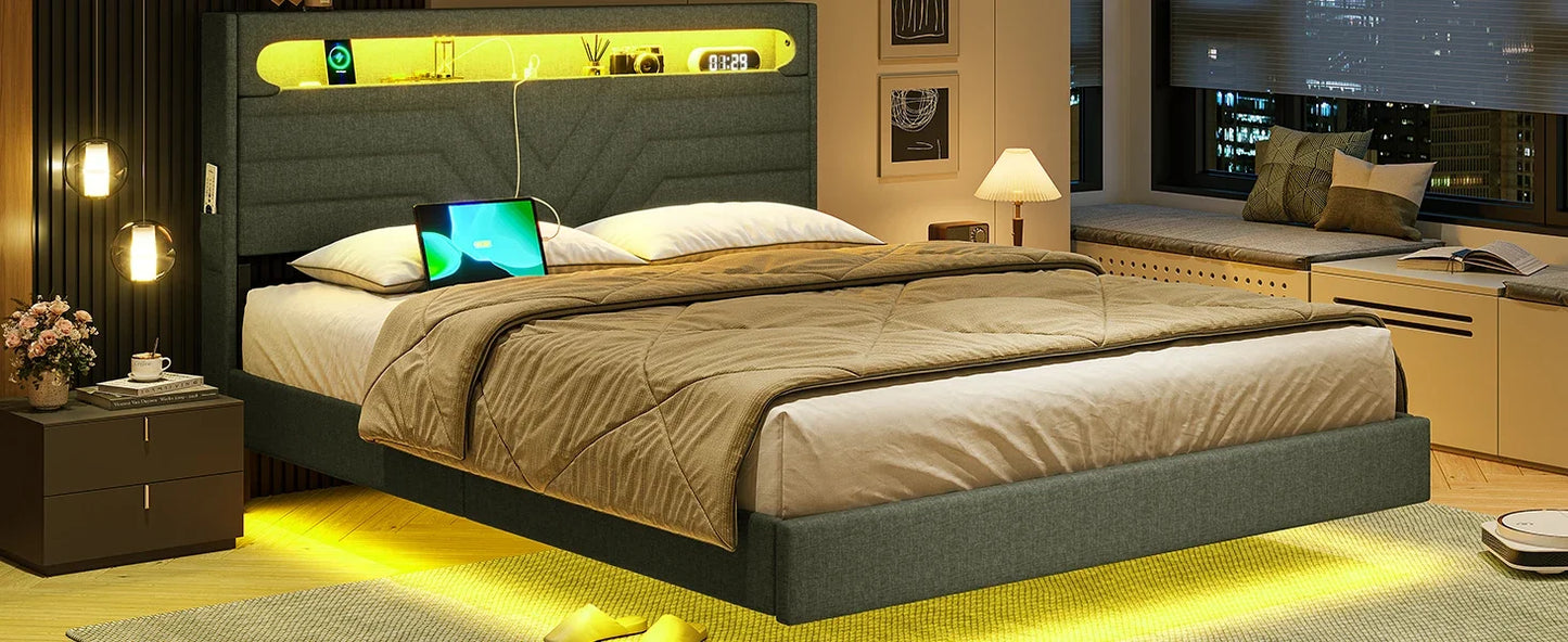 Queen Floating Frame RGB LED Lights ,USB-C/A Power Combo,Linen Upholstered Platform Bed with Storage Headboard