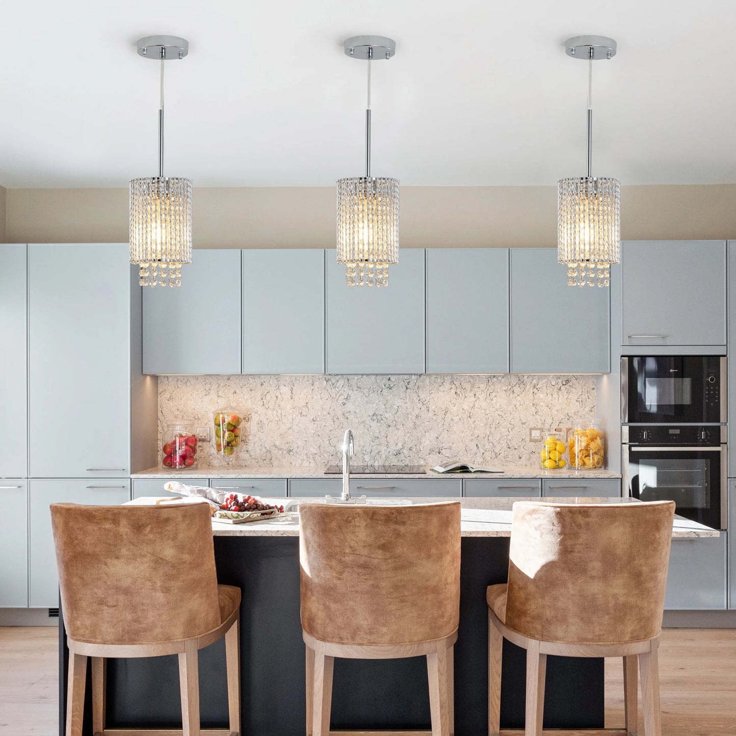 Modern Crystal Pendant Light 3-Pack Adjustable Chrome Hanging Ceiling Fixture with Clear Beads, Elegant Design (No Bulbs)