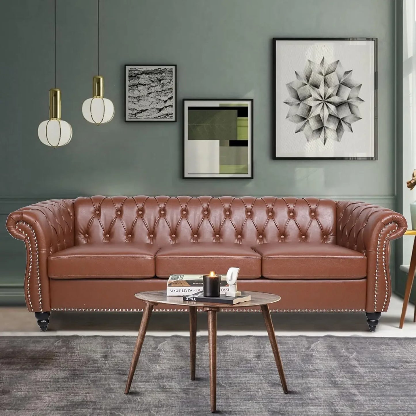 Chesterfield Sofa Leather for Living Room, 3 Seater Sofa Tufted Couch Faux Leather with Rolled Arms and Nailhead for Living Room