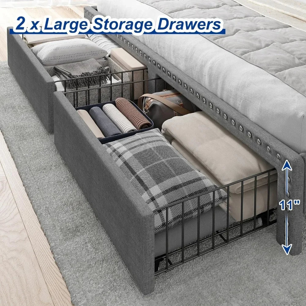 Queen Bed Frame with Headboard and Storage, Upholstered Queen Bed Frame with Storage, Queen Size Bed Frame with 2 Drawer