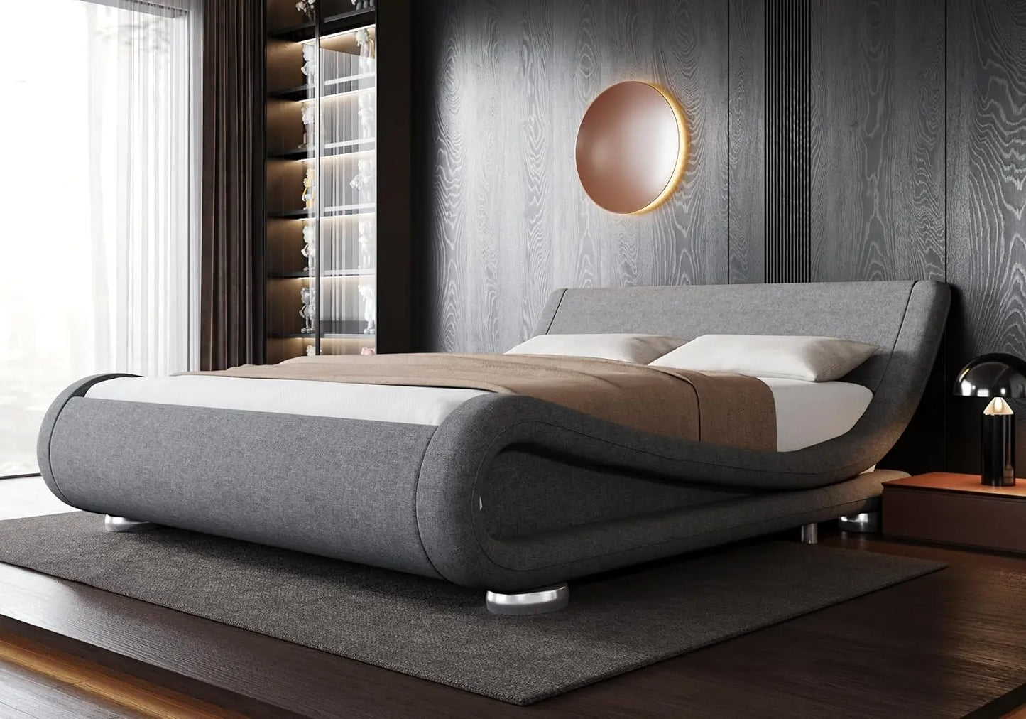 Upholstered Platform Bed Frame with Ergonomic & Adjustable Headboard, Modern Low Profile Sleigh Design