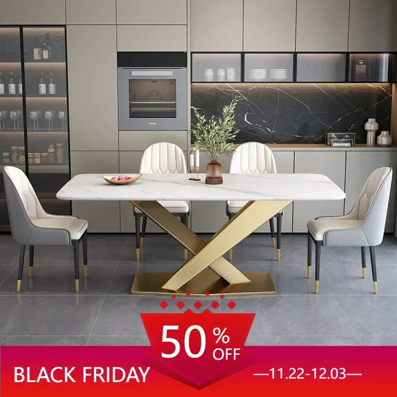 Mavisun Italian Dining Table Set 6 Chairs Ivory Home Console White Finish Sintered Stone Rock Plate Top Concise Salon Furniture