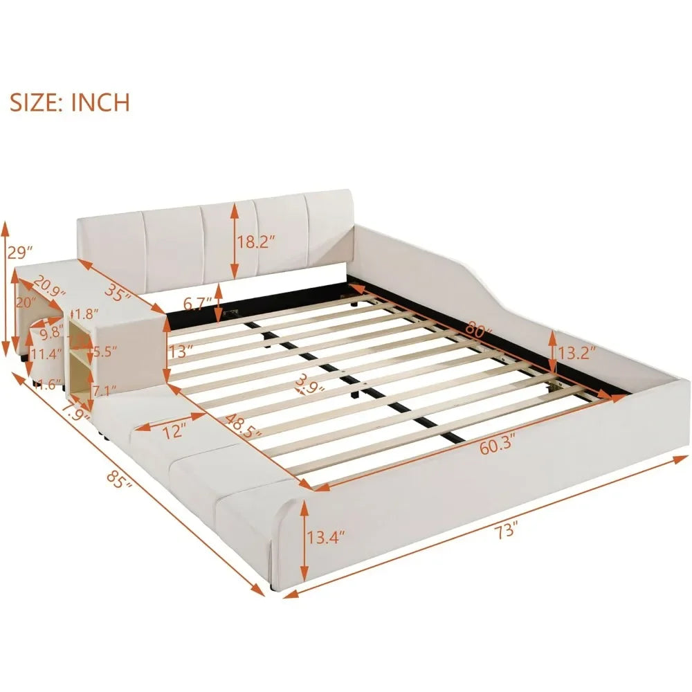 Queen Size Upholstered Grounded Bed with Bedside Desk and Stool,Upholstered Headboard,Grounded Upholstered Wood Base Bed Frame