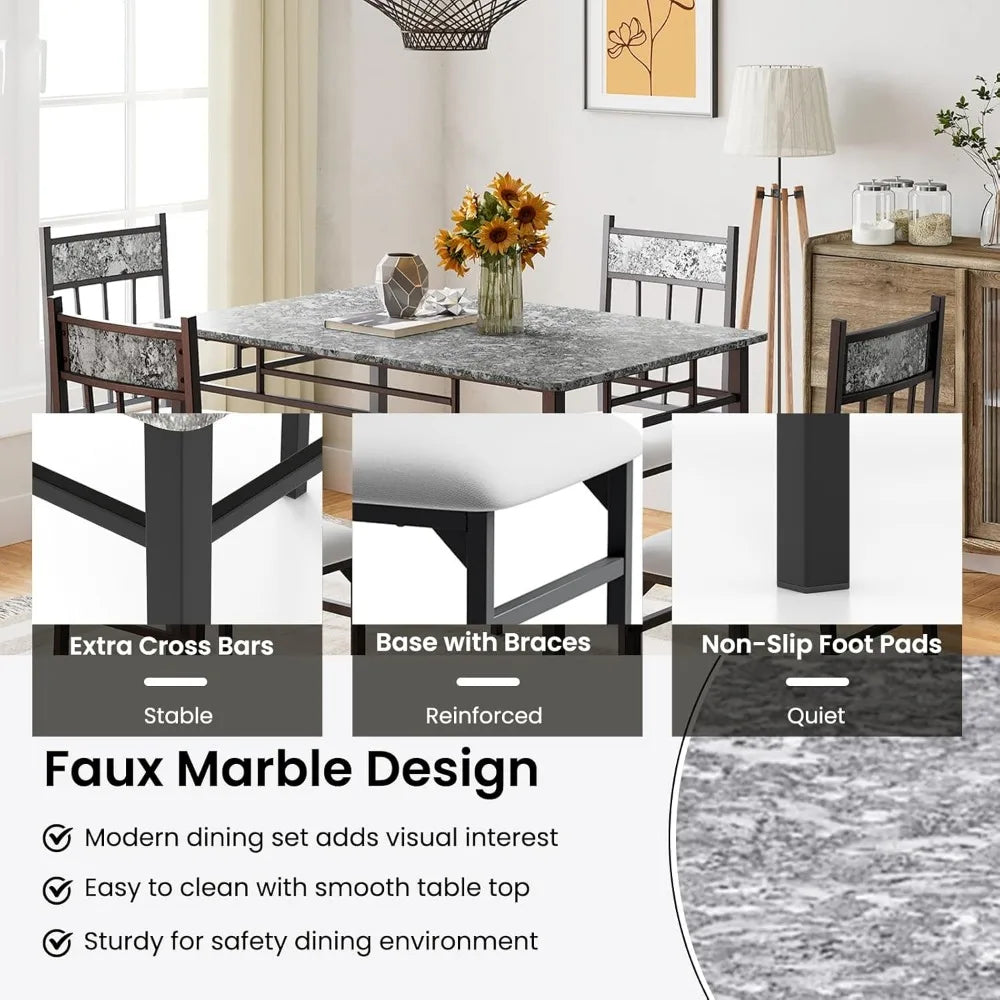 5-piece 4-person Dining Table Set, Imitation Marble Kitchen Table and Chairs 4-piece Set, Metal and Wooden Dining Table Set