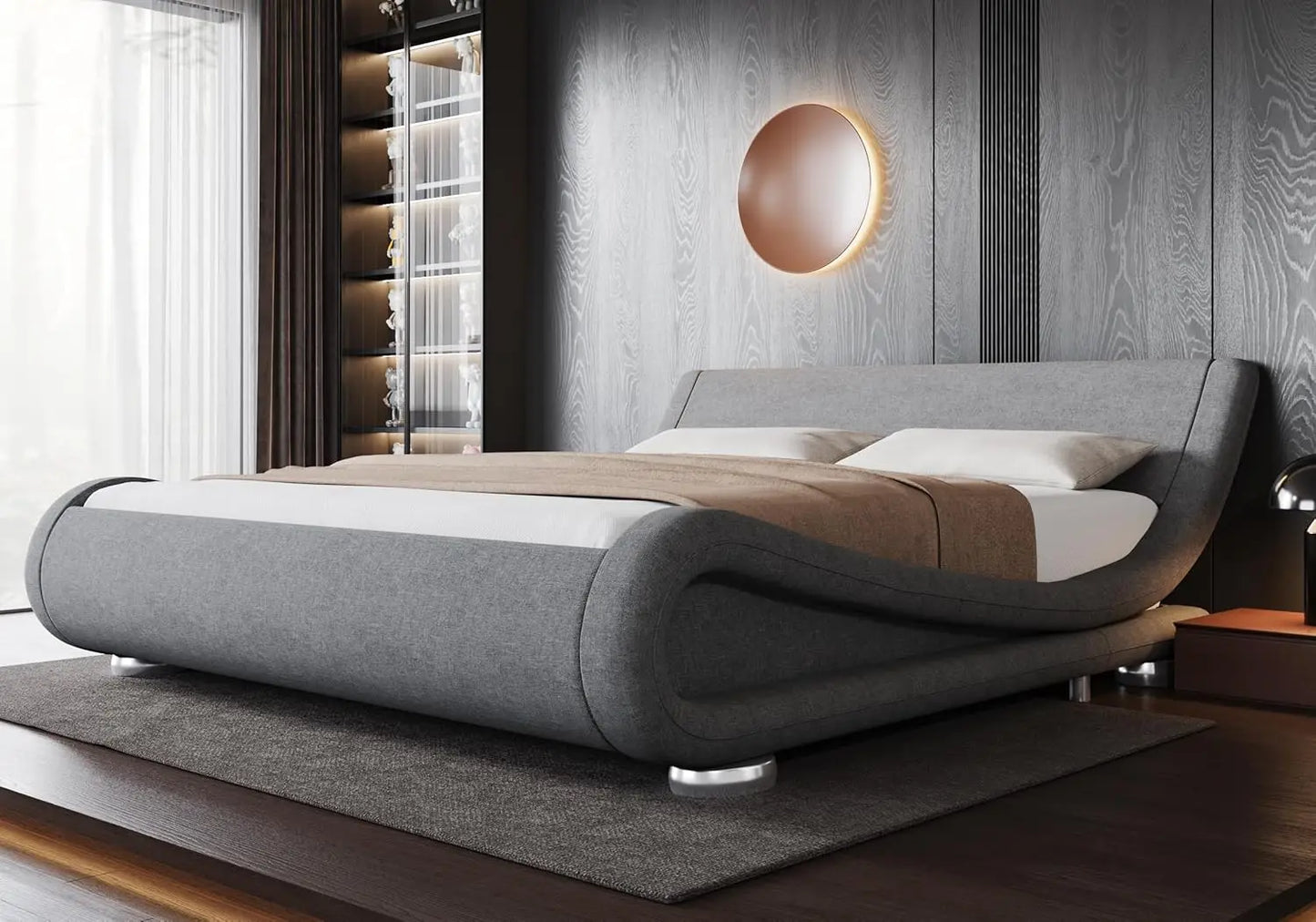 Upholstered Platform Bed Frame with Ergonomic & Adjustable Headboard, Modern Low Profile Sleigh Design