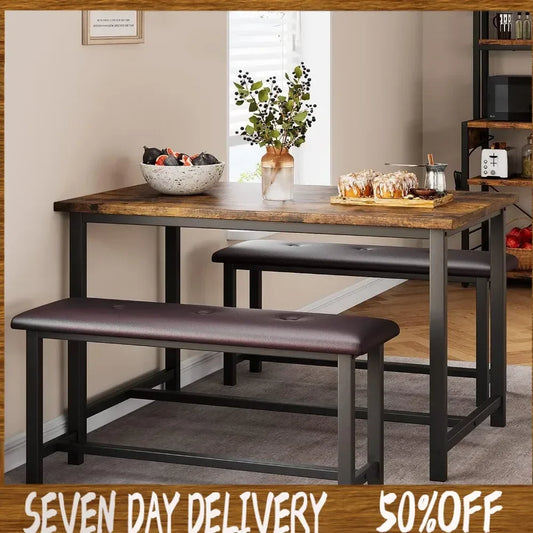 Dining Table Set for 4, Kitchen Table with Benches, Rectangular Dining Room Table Set with 2 Metal Wood Benches, 3 Piece Dining