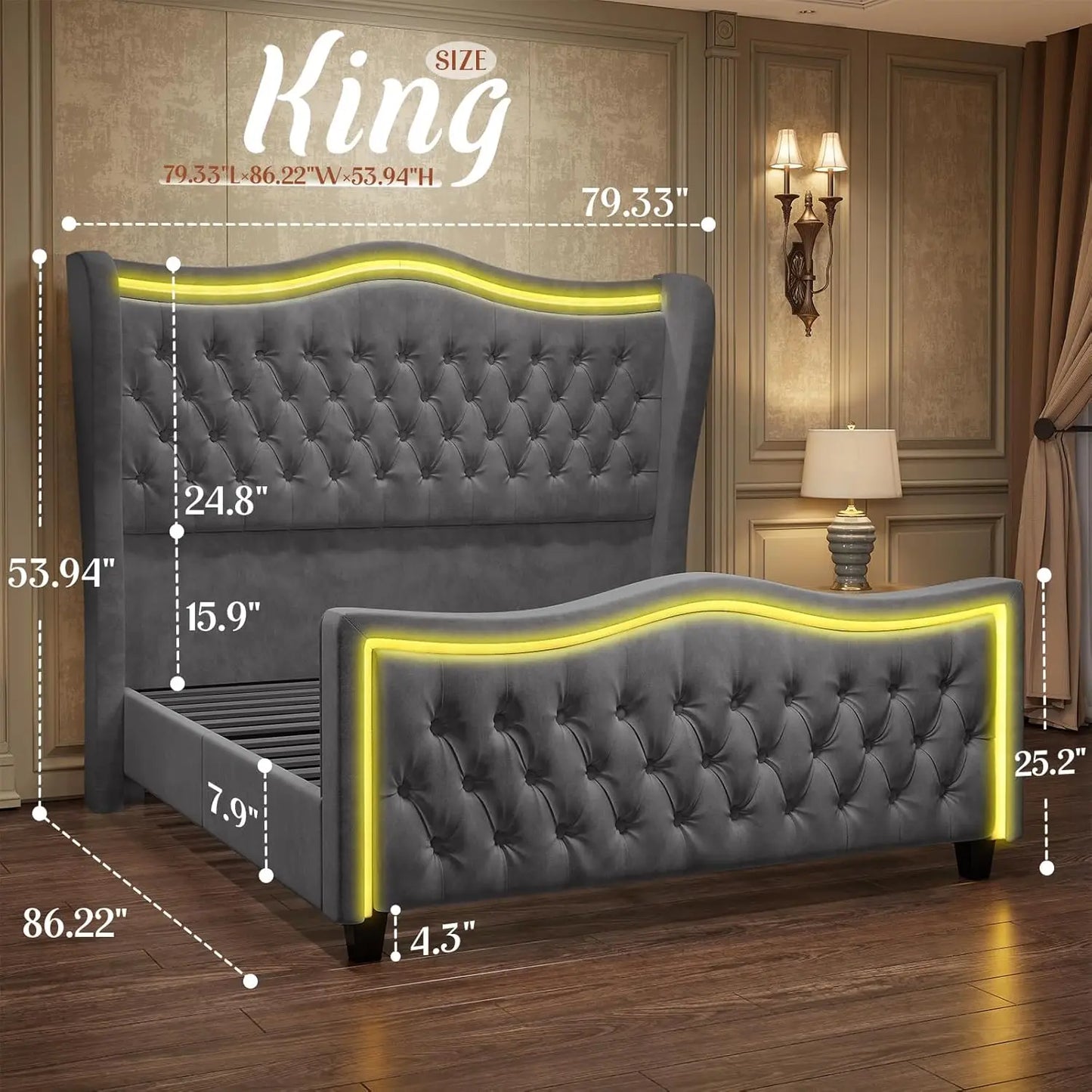 King Size Bed Frame with LED Lights, 53'' Upholstered Platform Wingback Bed with Handmade Deep Button Tufted Headboard Footboard