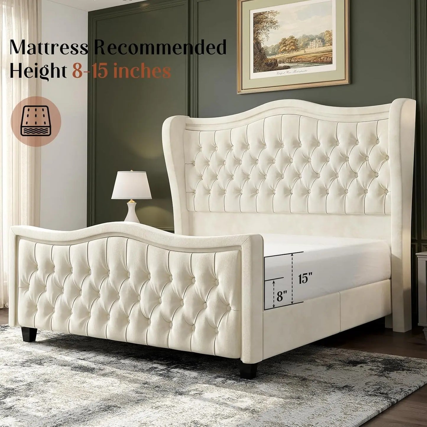 King Size Bed Frame with LED Lights, 53'' Upholstered Platform Wingback Bed with Handmade Deep Button Tufted Headboard Footboard