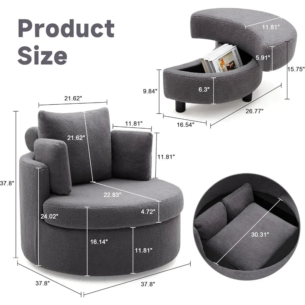 Round Oversized Swivel Barrel Chair with Base Storage for Living Room, 360°Modern Swivel Accent Chair with 3 Pillows for Home