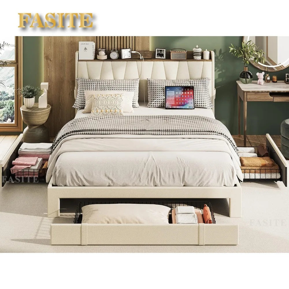 Queen Size Bed Frame with 3 Drawers, Upholstered Platform Beds with Storage Headboard and Charging Station
