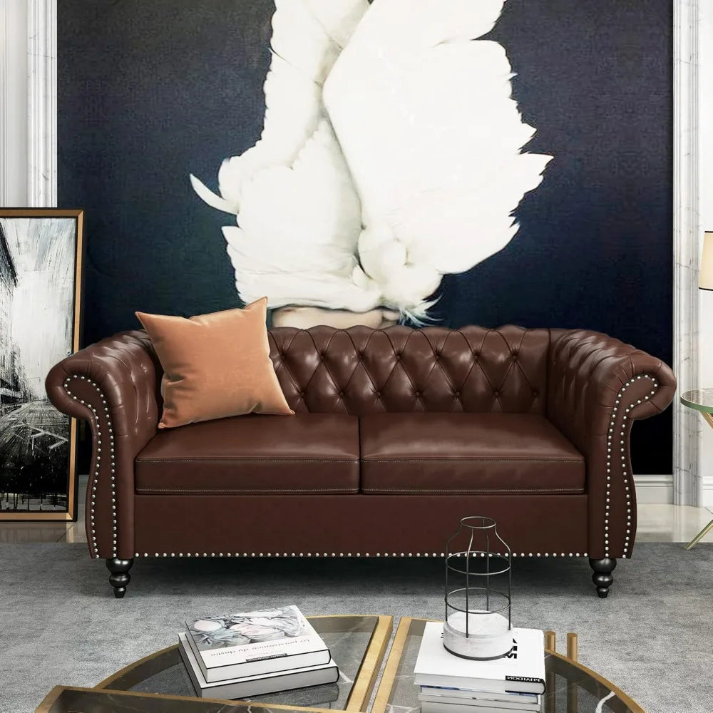 2-piece Living Room Set, Chesterfield Leather Double Sofa with Scroll Armrests and Nail Heads