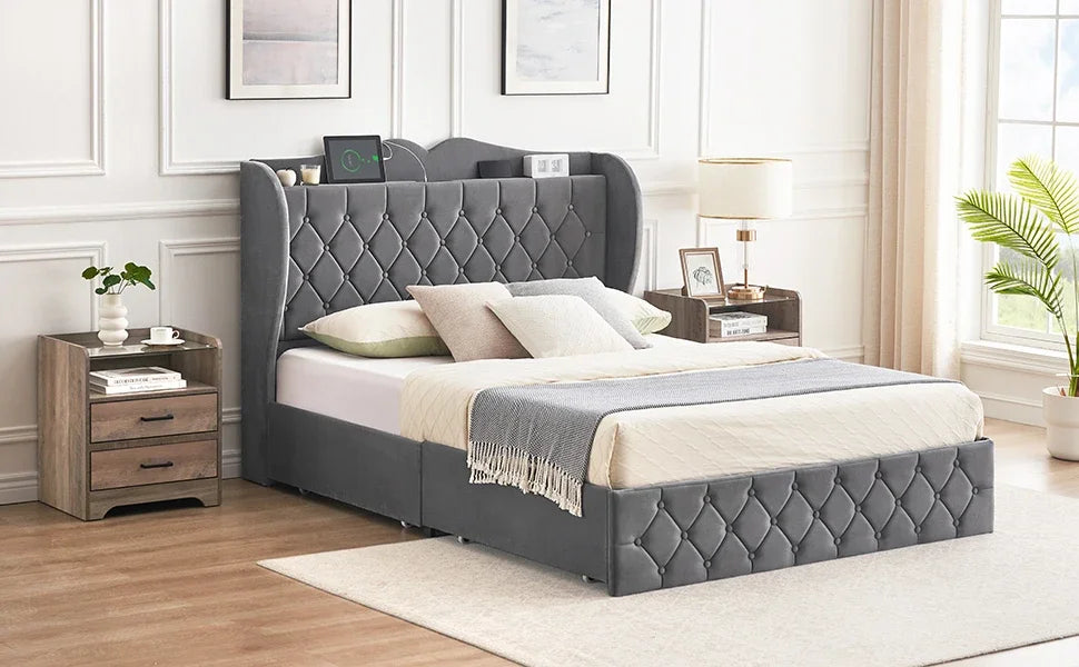 Bed Frame, 4 Storage Drawers and Charging Station Velvet Upholstered Bed with Tall Headboard and Storage Shelf, Bedroom Furnture