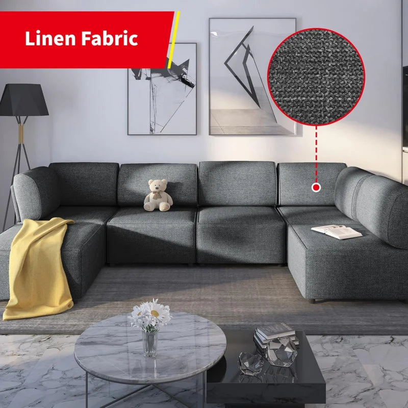 Modular Sectional Sofa with Chaise, Convertible Oversize L Shaped Couch with Reversible Ottoman,Linen 6 Seater Free Combination