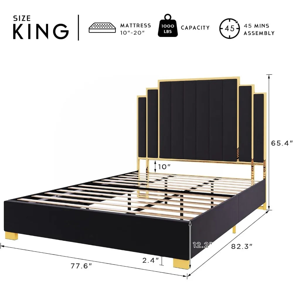 bedstead King Size and 65" Headboard, Upholstered Bed with Golden Plating Trim, Platform Bed No Box Spring Needed,bedstead