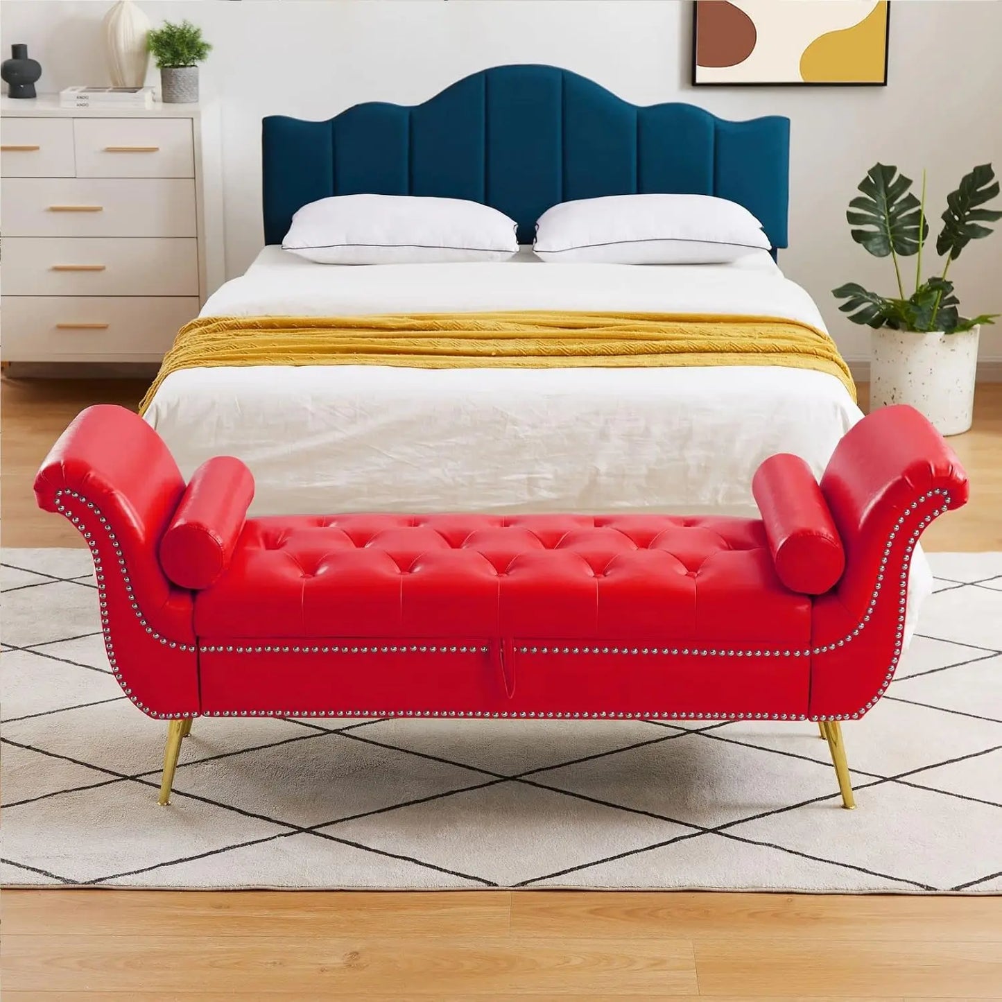 PU Leather Storage Benches End of Bed Vintage Flared Rolled Armed Bedroom Ottoman Bench Button Tufted Entryway Window