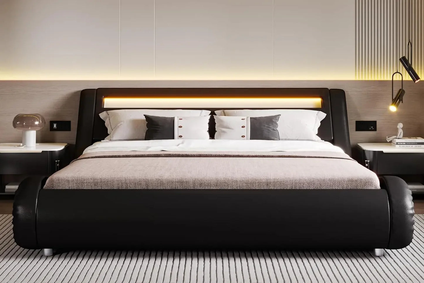 Deluxe Upholstered LED King Bed Frame with Adjustable Headboard - Low Profile Sleigh Design - Strong Wood Slats Support, No Box