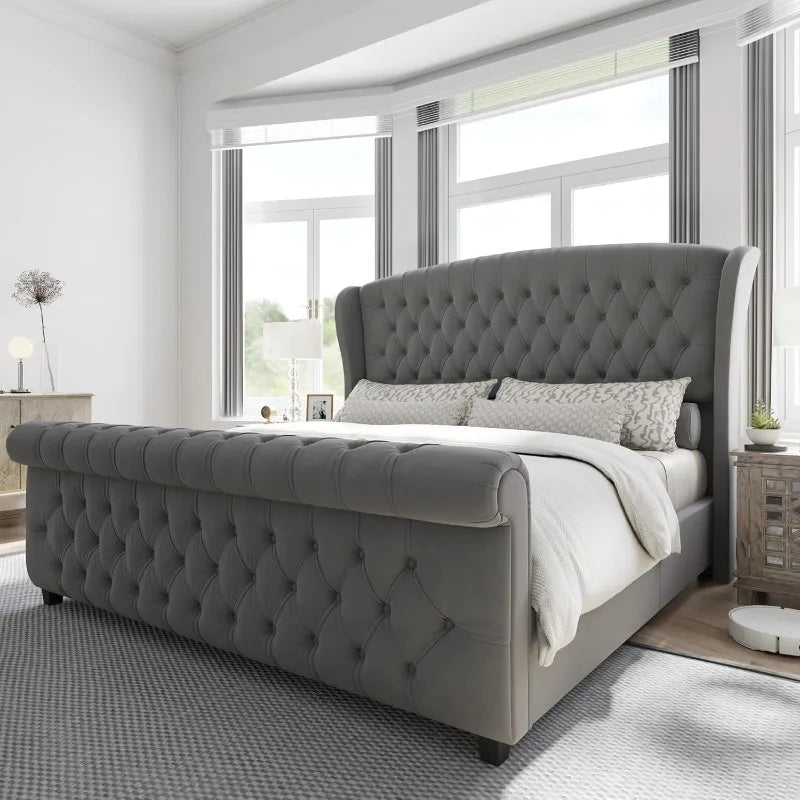 AMERLIFE King Size Platform Bed Frame, Chenille Upholstered Sleigh Bed with Scroll Wingback Headboard & Footboard/Button Tufted
