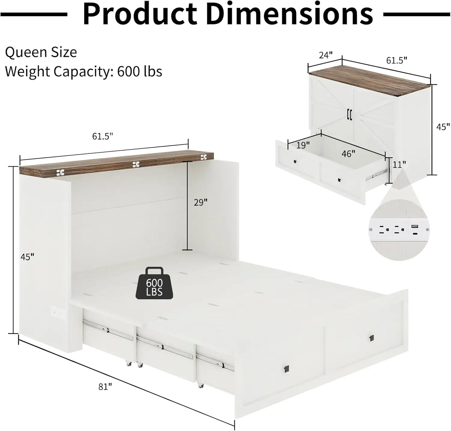 Full Size Murphy Bed, Cabinet Bed with Charging Station Large Storage Drawer for Home Office or Small Room, Hideaway Bed Full Fo
