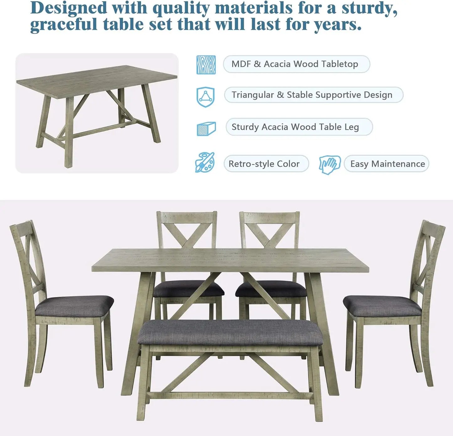 6 Pieces Dining Table Set with Bench, Rectangle Dining Table with 4 Upholstered Chairs & A Bench, Rubber Wood Dining Table Set