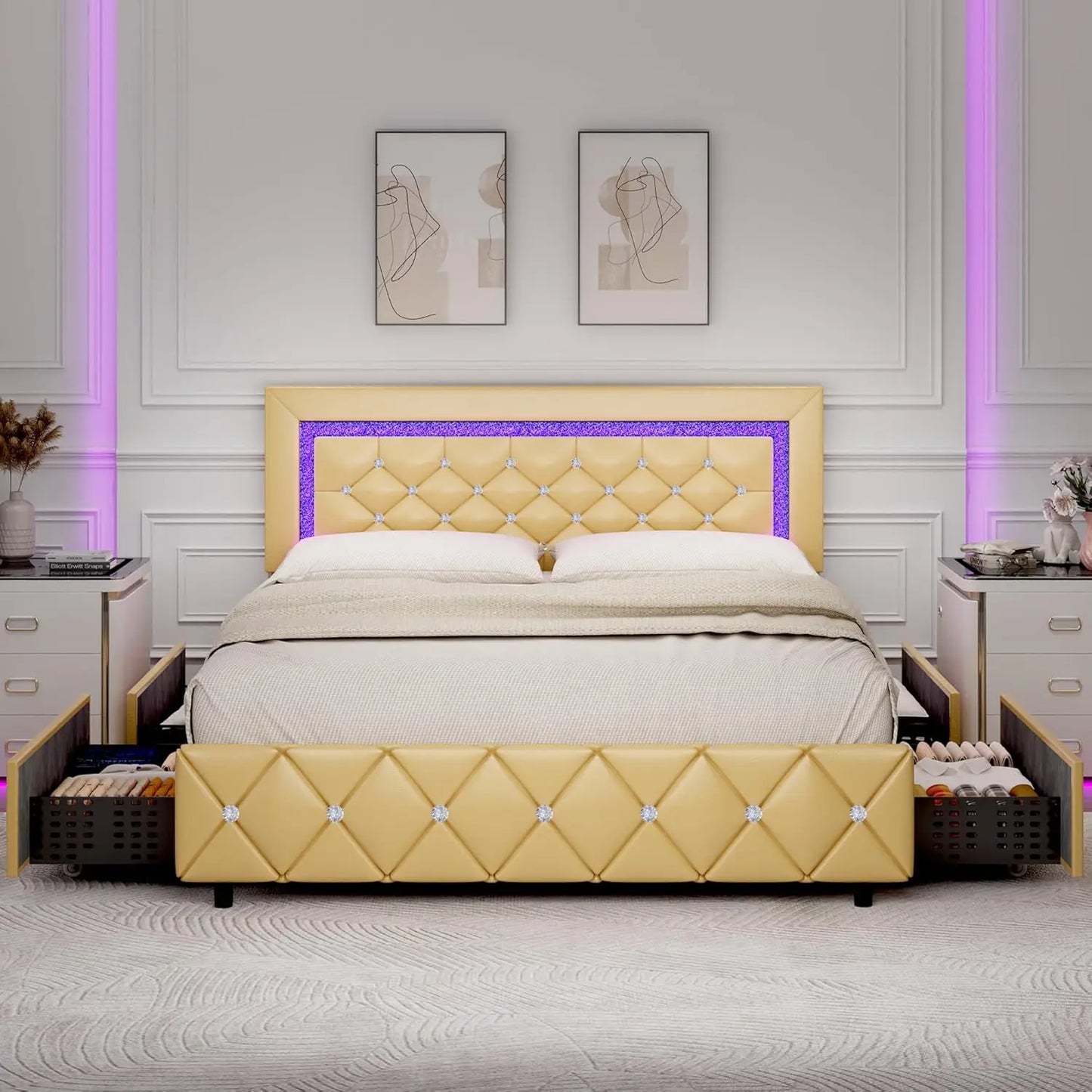 Queen Bed Frame with LED Lights, Upholstered Bed Frame with 4 Storage Drawers, Princess Platform Bed with Diamond Headboard