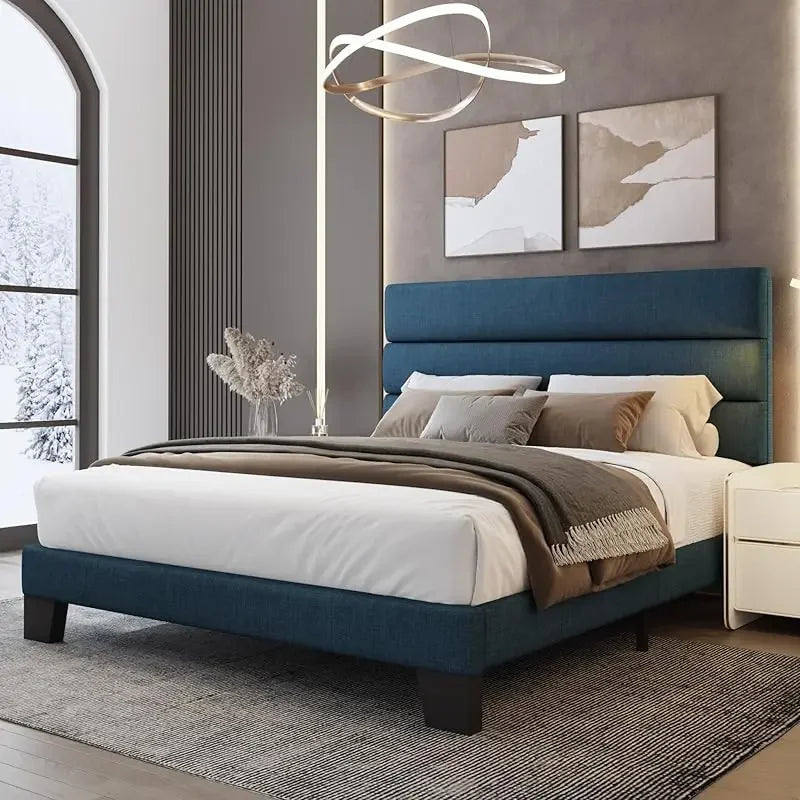 King Bed Frame Platform Bed,Linen Fabric Upholstered Headboard and Wooden Slats Support,Heavy Duty Mattress Foundation,Beige