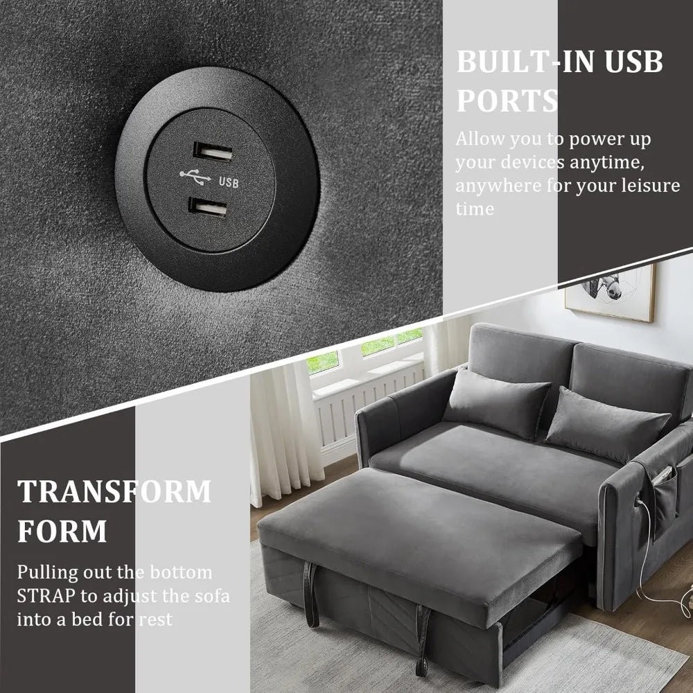 3 in 1 Pull Out Convertible Sofa Bed-Velvet Sleeper Sofa with 3Level Adjustable Backrest,Tufted Love Seat w/ 2Pockets & 2Pillows