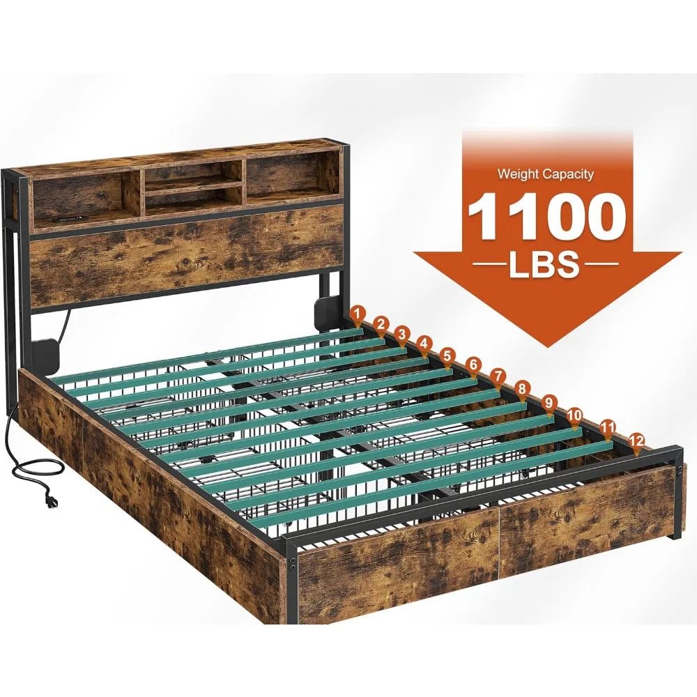Queen Bed Frame with 6 Storage Drawers,Headboard,Charging Station & Storage No Noise,No Box Springs Needed,Vintage Brown.