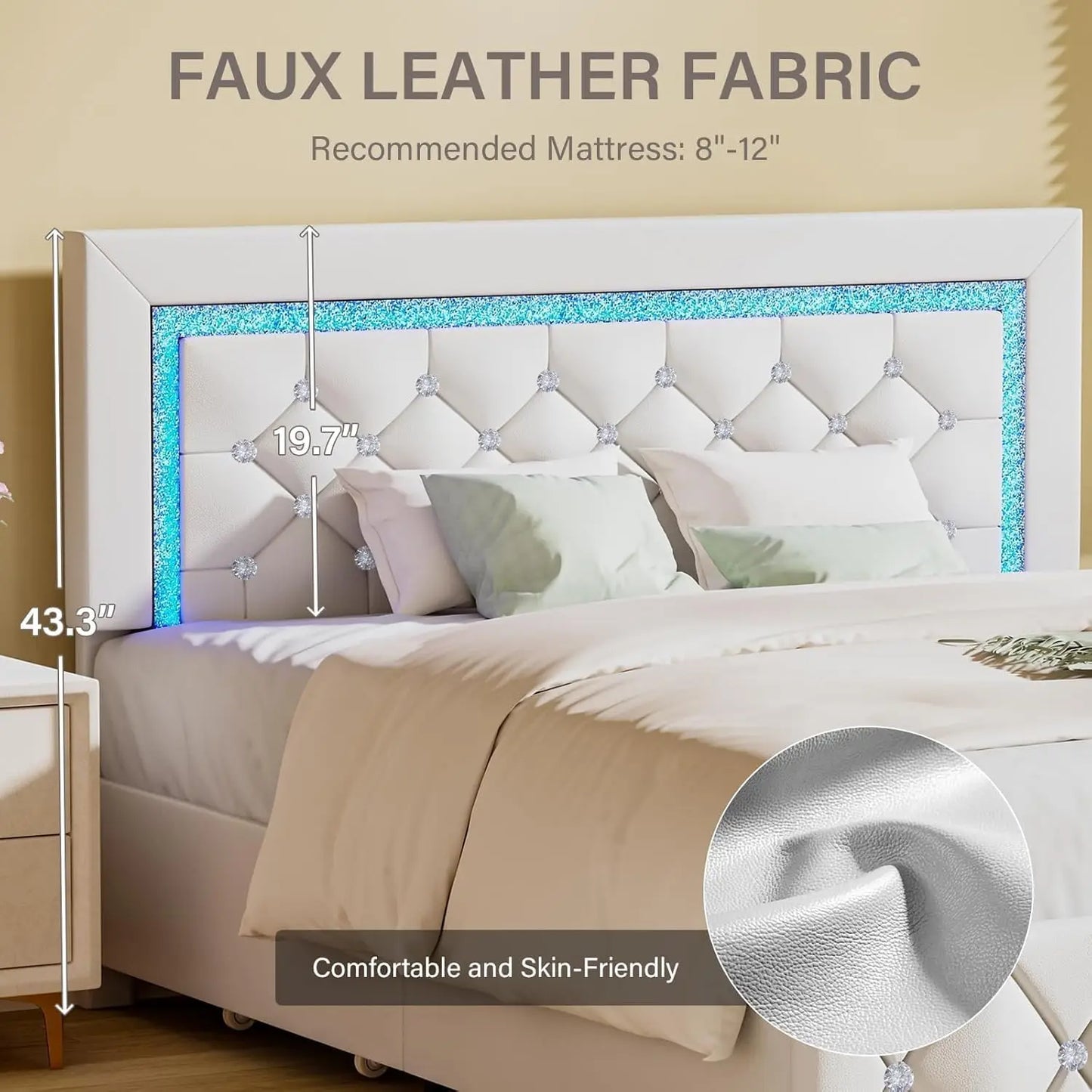 Queen Bed Frame with LED Lights, Upholstered Bed Frame with 4 Storage Drawers, Princess Platform Bed with Diamond Headboard