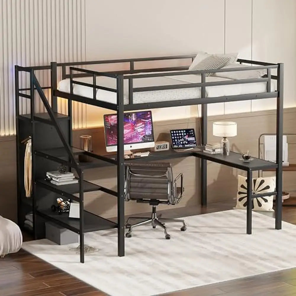 Full Size Gaming Loft Bed L-Shaped Desk Wardrobe Adjustable Shelf LED Charging Station Meta Loft Bed Kids Cozy Gaming Learning