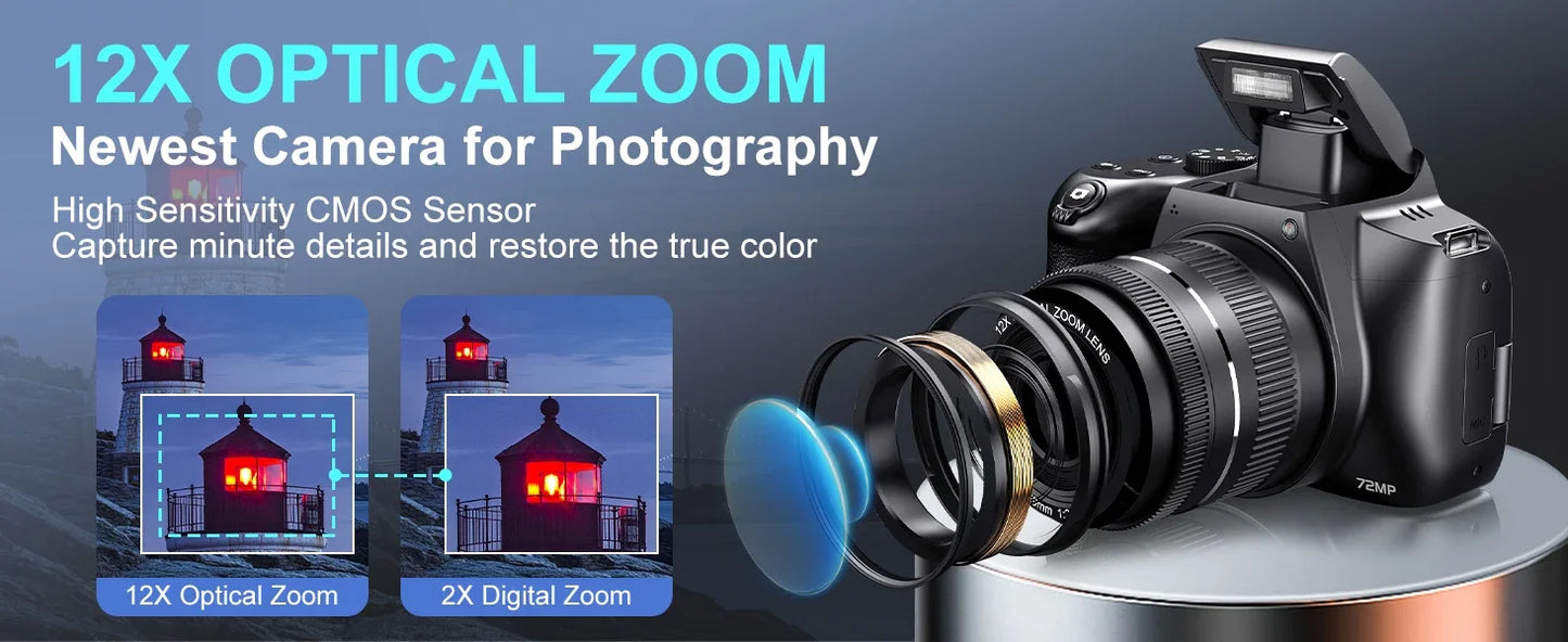72MP Digital Camera 180° Flip Screen 3 lnch SLR DSLR 4K Camera for Photography 12X Optical Zoom Autofocus Anti-Shake Camera